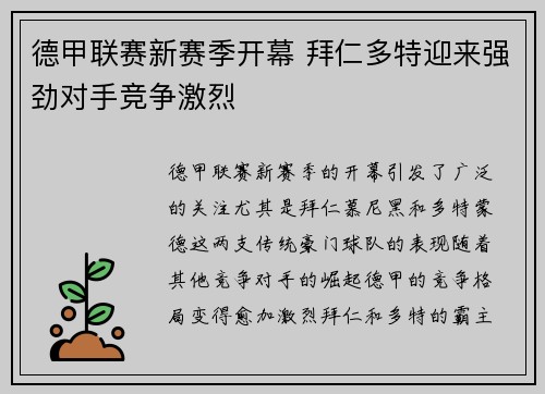 德甲联赛新赛季开幕 拜仁多特迎来强劲对手竞争激烈