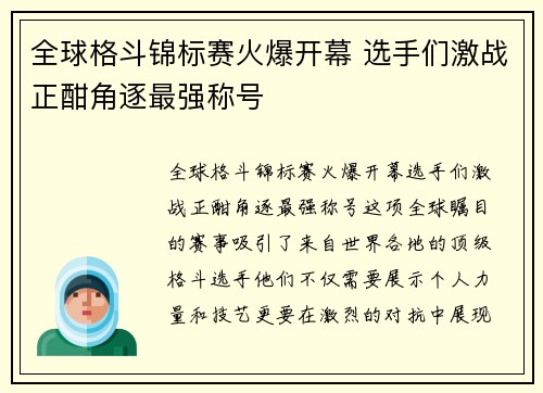 全球格斗锦标赛火爆开幕 选手们激战正酣角逐最强称号