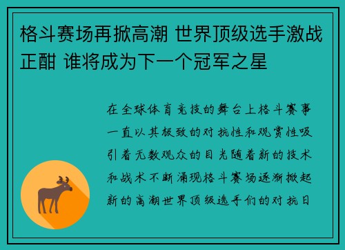 格斗赛场再掀高潮 世界顶级选手激战正酣 谁将成为下一个冠军之星