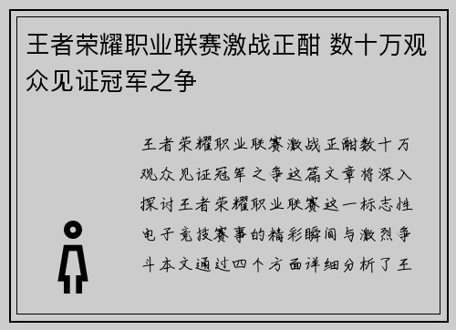 王者荣耀职业联赛激战正酣 数十万观众见证冠军之争