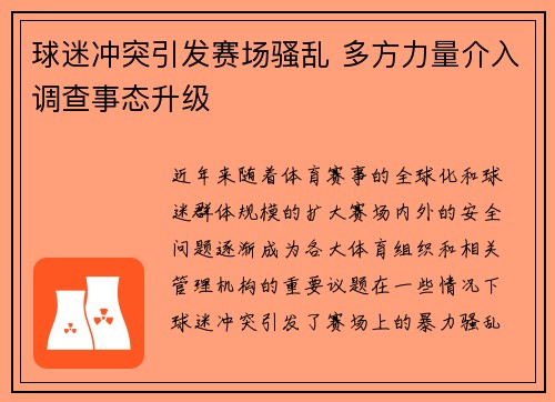 球迷冲突引发赛场骚乱 多方力量介入调查事态升级